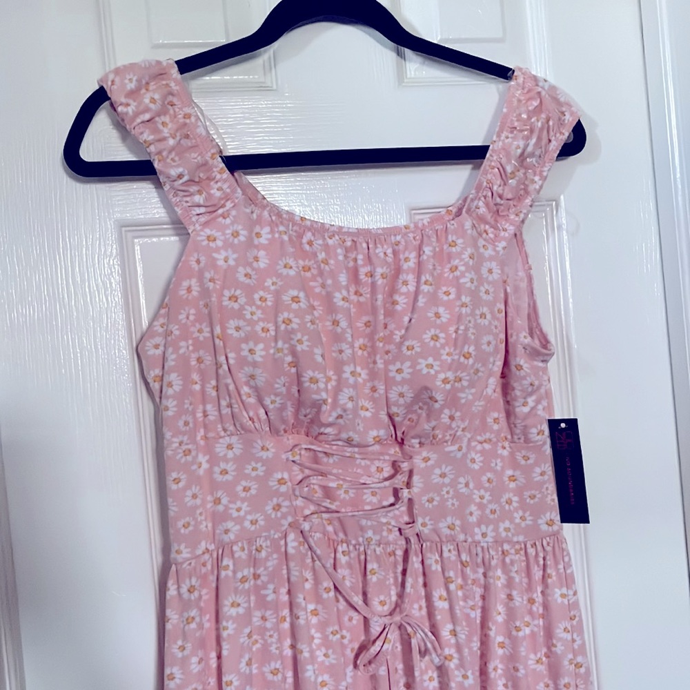 Pink Daisy Floral off the shoulder Sun Dress, front tie detail and built in bra